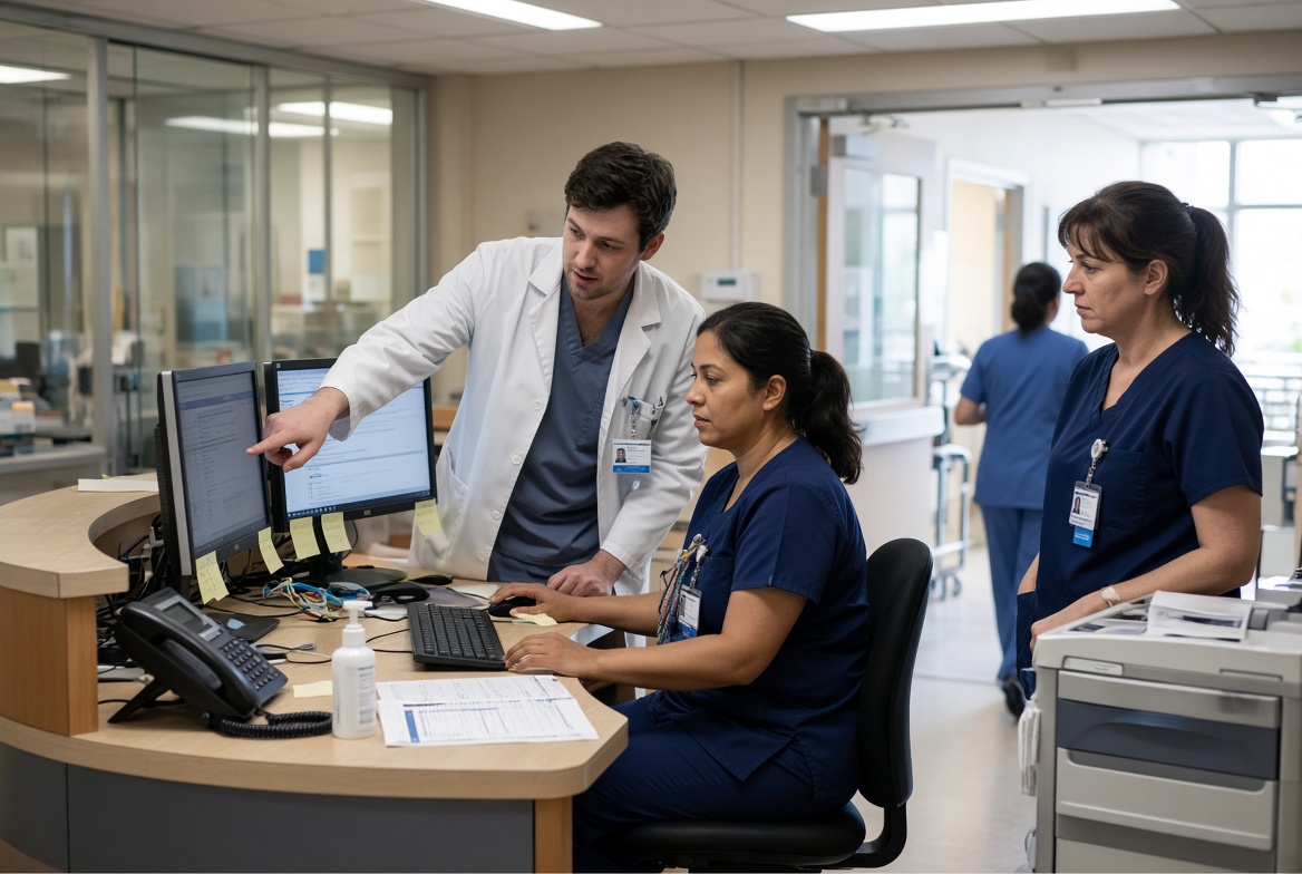 Resident physician working a nursing station with two nurses