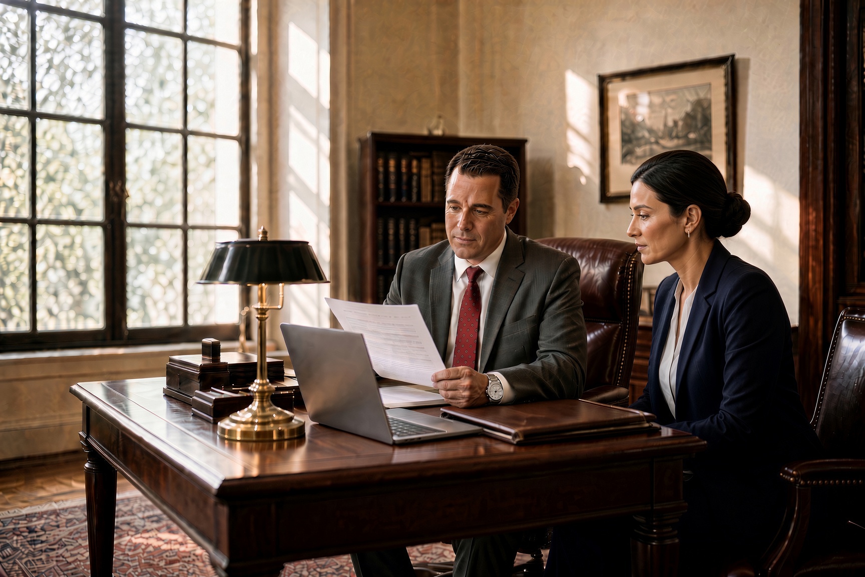 Jim Kelso reviewing an employment agreement with a physician at a walnut desk