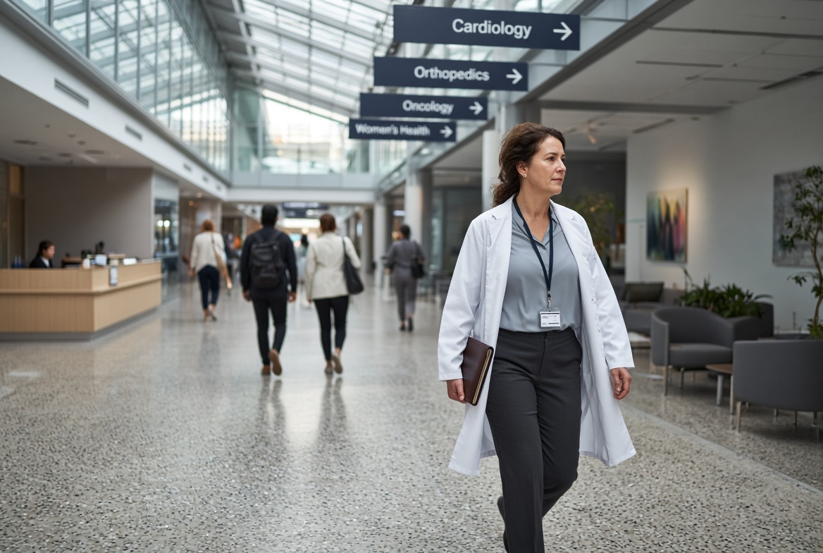 Established physician walking a hospital wing with multiple clinic signs