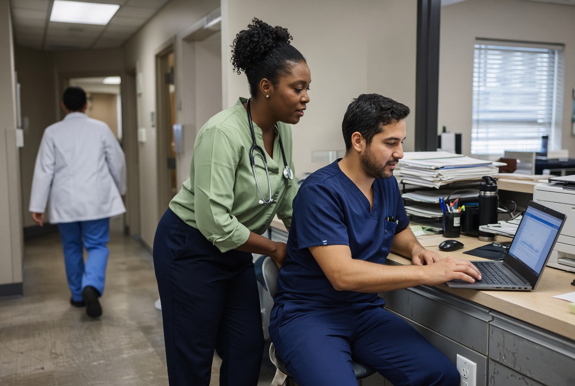 Nurse practitioner and physician assistant reviewing a chart at a clinic workstation